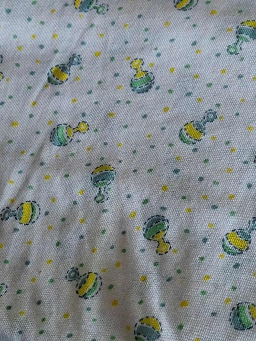 Vtg Knit Fabric Stretch Material - Blue Green Yellow Neutral Baby Rattles 1.25yd